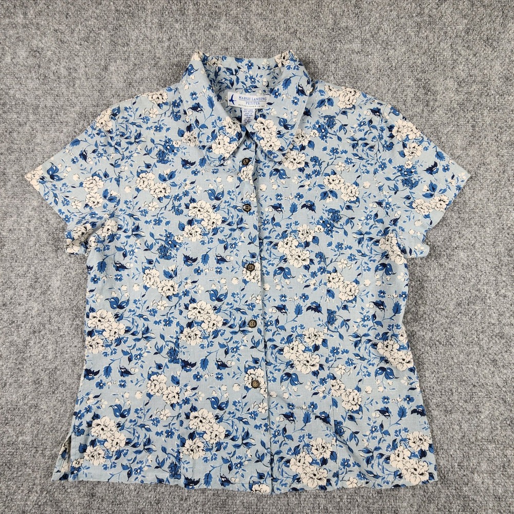 Marsh Landing Petites Blue Floral Linen Cotton Short Sleeve Button Down Shirt PM